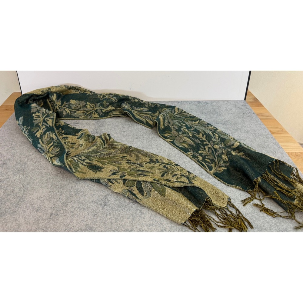Vintage Floral Tapestry Scarf Table Runner Green Gold Damask Woven Fringe Large
